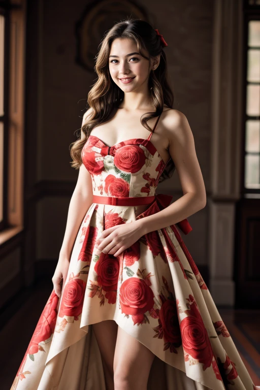 ((Masterpiece, best quality, cinematic lighting, 8k, full body shot, long hair, hour glass body)), (smile:0.85), (realistic background)
<lora:Floral_Ballgown_By_Stable_Yogi:1>  red floral print ballgown, hair bow, ribbon