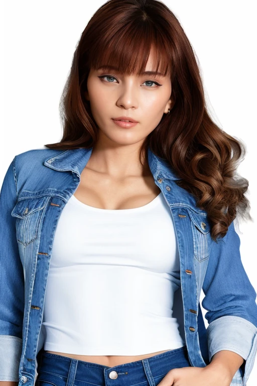 Photo of a woman in a white jacket and a blue jeans, look into the camera, full body shot, simple black background, studio light, detailed, realistic, 4K, <lora:MS_Oopeve_V2_32:0.8>