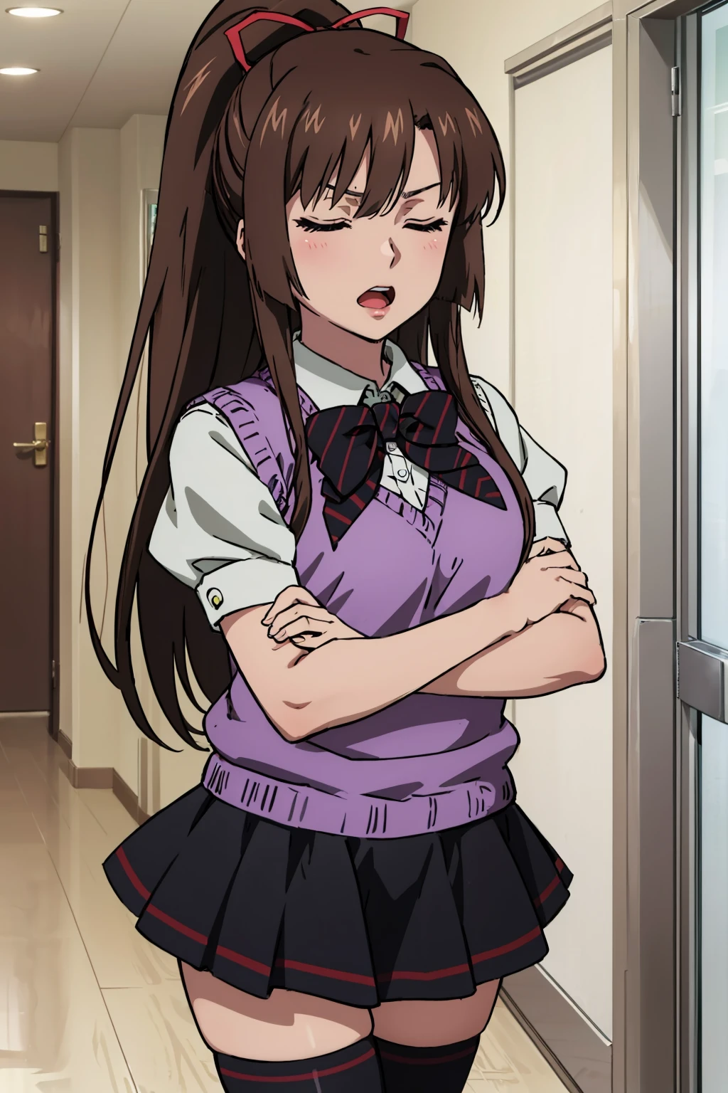 masterpiece, best quality, <lora:kirasakasayaka-nvwls-v1-000009:0.9> kirasaka sayaka, ponytail, hair ribbon, bowtie, white shirt, purple sweater vest, short sleeves, pleated skirt, black thighhighs, closed eyes, open mouth, angry, looking at viewer, hallway, crossed arms