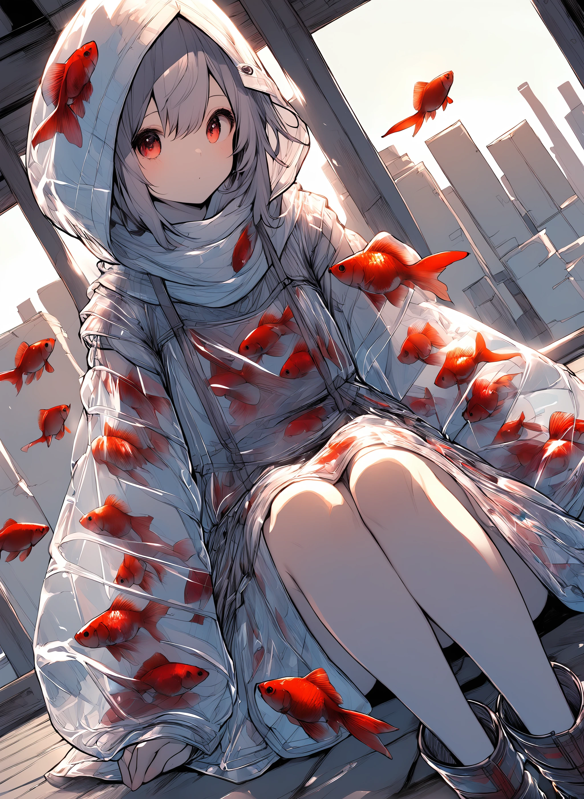 Create a vivid anime image of a vivid young anime girl. Her hair, eyes and skin should be light grey. She is wearing a white thick baggy long armored hooded robe with white ribbon, scarf and long boots.
1girl, solo, (hood up:1.5),(full body:1.5),  (standing:1.5), (dynamic angle:1.5), <lora:kingyoishou_xl_v1:1>, kingyoishou