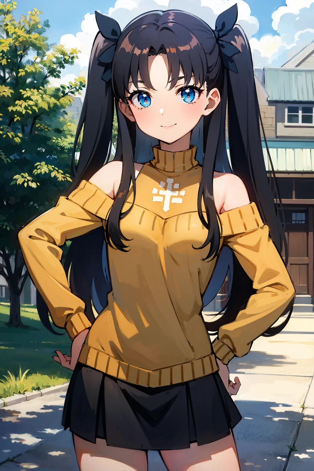 masterpiece, best quality, <lora:EPfsnRin-08:0.7>, EPfsnRin, black hair, very long hair, twintails, two side up, bow, dof, armory, day, pray hand on hip, off-shoulder sweater, mini skirt, smile