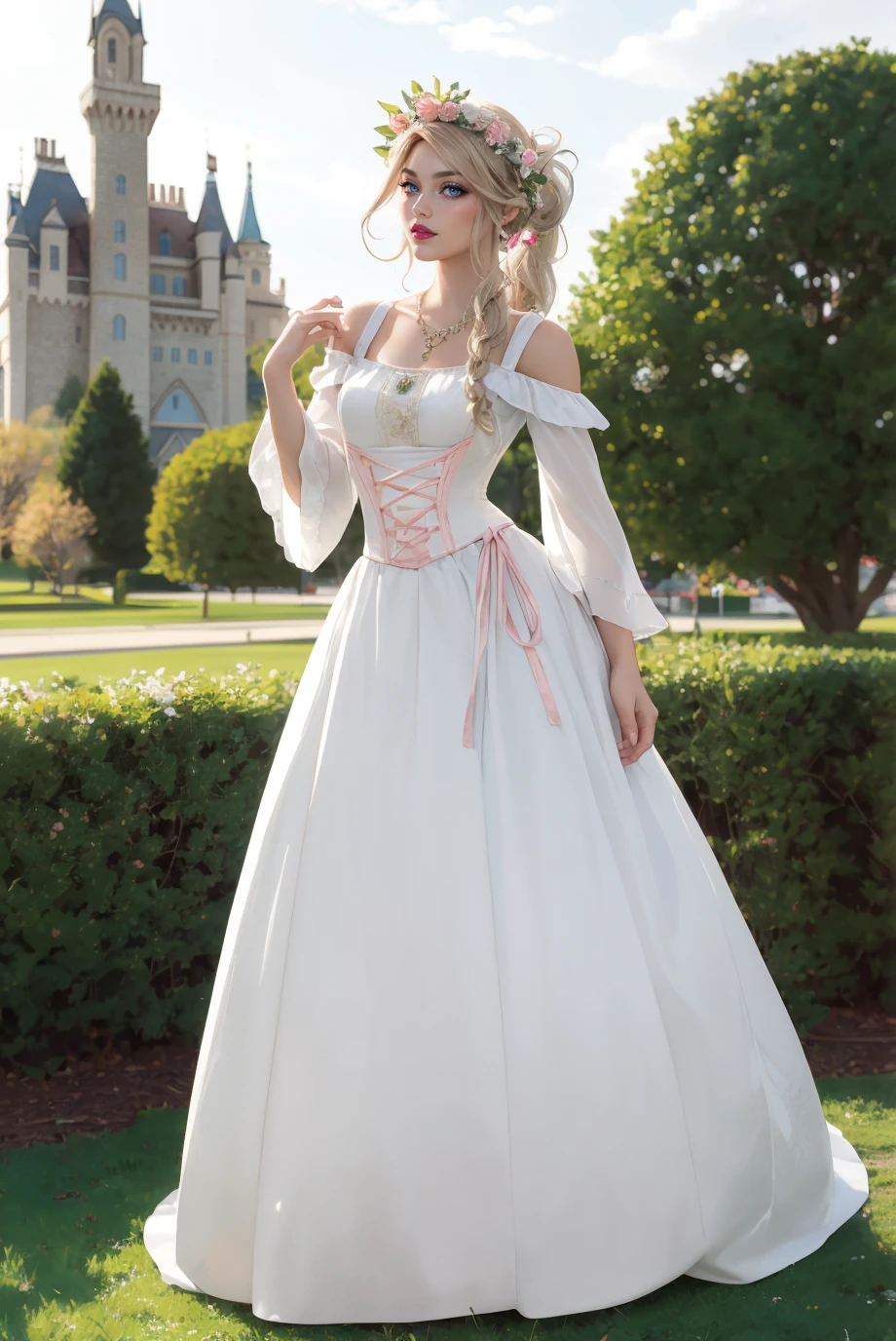 (ultra-detailliert), Cute princess dress in white color,(frilly dress),(shortsleeves),Blue eyes,The upper part of the body、a closeup、faces、(A smile:1.1),(facing front:1.2), 20yr old, teens girl,no tail,(no tail),2D, masterpiece, top-quality, A detailed eye, A detailed face, girl with, Only 1 person,Silver-haired medium hair, (a blond), Ear Hair, small tits, Single braid, (Single braid), (Side braid), Pink ribbon, Ribbon around the neck, (White sleeves), Background bokeh