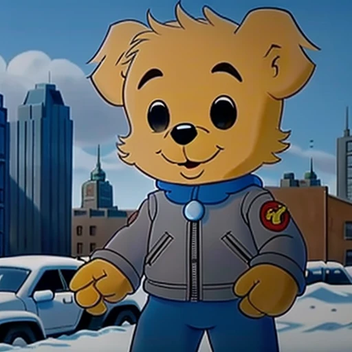 animated still of one bamse as terminator, leather jacket, half robot face, blaster in hands
BREAK
gray, city