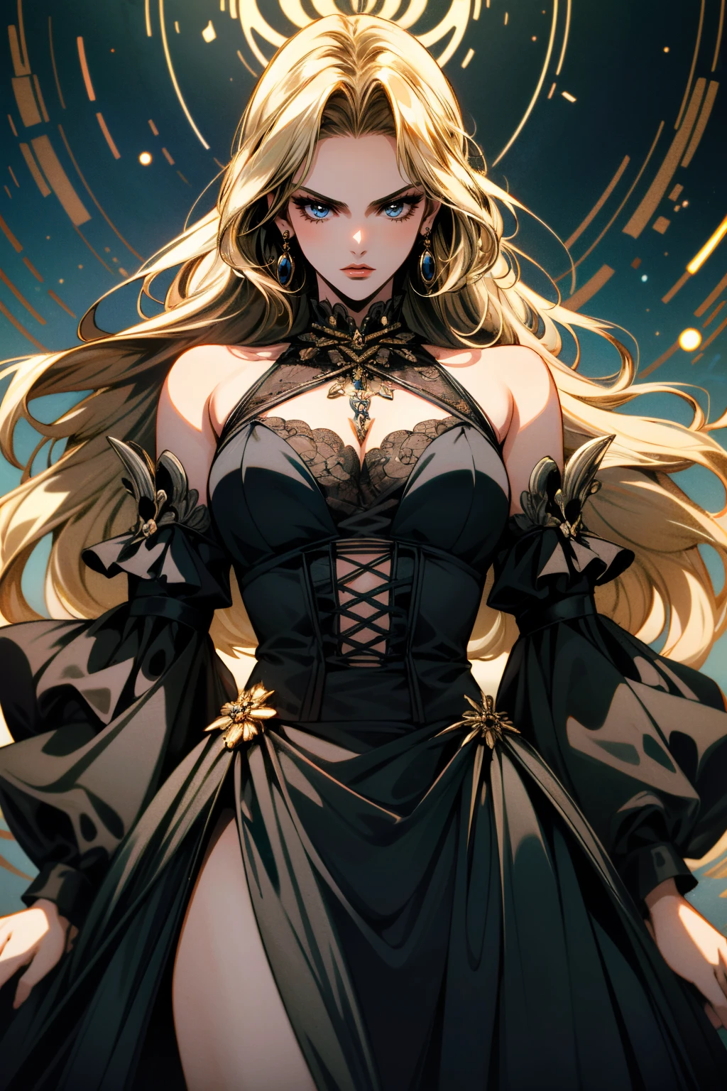 score_9, score_8_up, score_7_up, score_6_up, score_5_up, score_4_up, source_anime, 1girl,
maria theresa \(granblue fantasy\), 1girl, draph, horns, long hair, blonde hair, drill hair, parted bangs, pointy ears, brown eyes, earrings, choker, jewelry, cleavage, strapless, green dress, long dress, layered dress, black skirt, flower, black coat, wide sleeves, long sleeves, black gloves, elbow gloves, black pantyhose, black footwear, high heels,
masterpiece, best quality, very aesthetic, absurdres,