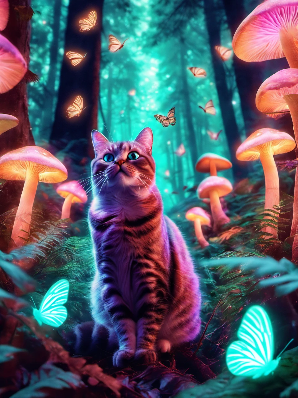 pet portrait of 1 chubby cat in a glowing forest with glowing mushrooms and glowing butterflies, hd, pet photography, distant portrait  <lora:glowing_forest_pet_portrait-000004:1>