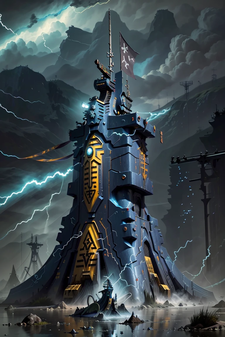 ((masterpiece,best quality)), <lora:Eldar_World:0.8>, Eldar_World, scifi, building, structure, still life, no humans, blue glow, blue theme, swirling energy, lightning, electricity, robot, mecha,