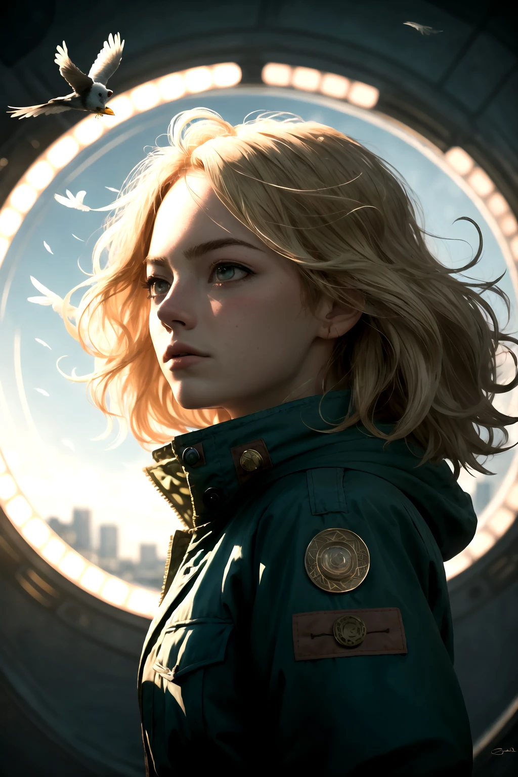 masterpiece, absurdres, best quality, <lora:Emma_Stone-v1-01:1.4>3mm4,blonde hair, woman, solo, from front, front view, upper body, looking away, detailed background, detailed face, (<lora:Magic Circle_20230812103010:0.6>, Magic Circle theme:1.1), air sorcerer, aeromancer,chosen of the zephyr, white mage clothes, windswept hair, magical crystal talisman, feathers drifting in the wind, graceful movement, birds circling in background, , Field Jacket, Urban Contrast, Whimsical Photography, foreground interest, Overhead lighting with a single softbox (Overhead Softbox).
