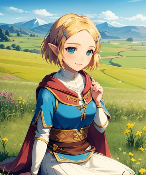 portrait, (adult woman), sitting, picking flowers, (1girl, solo), smile, (blonde hair), ((field, rolling hills)), (distant mountains), ((best quality, high detail)), ((masterpiece)), <lora:zelda_shorthair_v5:0.4> zelda\(princess\), hairclip, cape, <lora:1_mikeou_12e:1>
