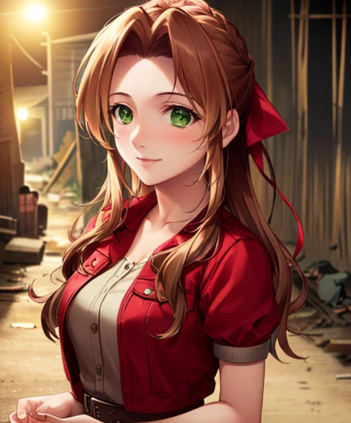 portrait, (adult woman), (1girl, solo), smile, (brown hair), green eyes, ((slums)), (night, hazy), ((best quality, high detail)), ((masterpiece)), <lora:Cha - Aerith v3:.75> aerith gainsborough, hair ribbon, braid, red cropped jacket, dress, <lora:1_mikeou_12e:1>