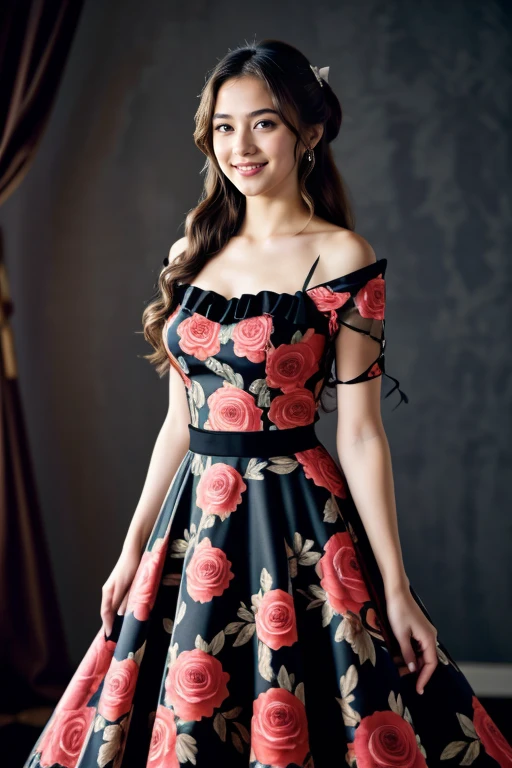 ((Masterpiece, best quality, cinematic lighting, 8k, full body shot, long hair, hour glass body)), (smile:0.85), (realistic background)
<lora:Floral_Ballgown_By_Stable_Yogi:1>  black floral print ballgown, hair bow, ribbon