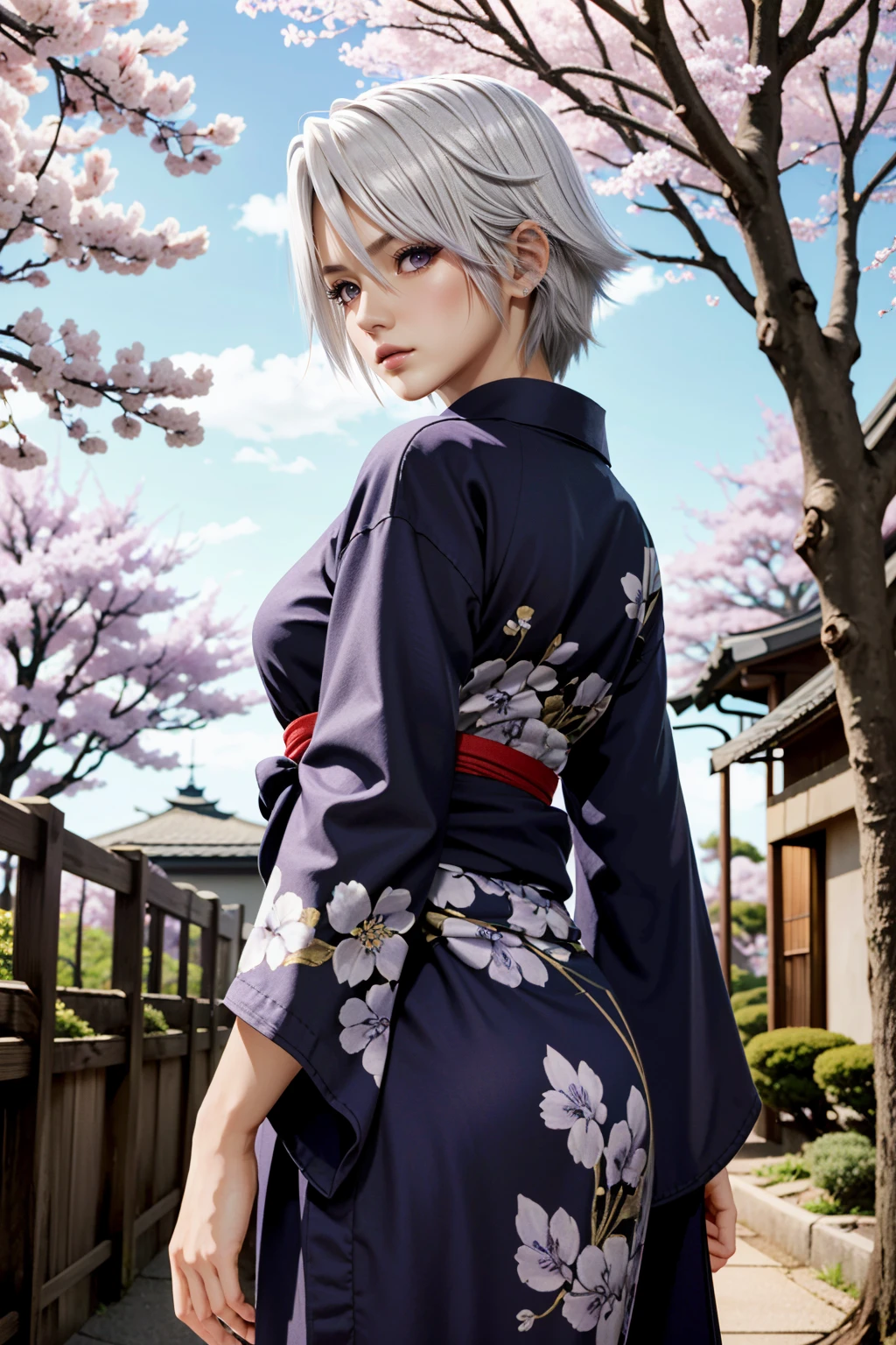 ((ultra detailed, masterpiece, absurdres))
<lora:DOAChristie:0.9>
DOAChristie, 1girl, short hair, white hair, purple eyes, yukata, japan, cherry blossoms, hair ornament