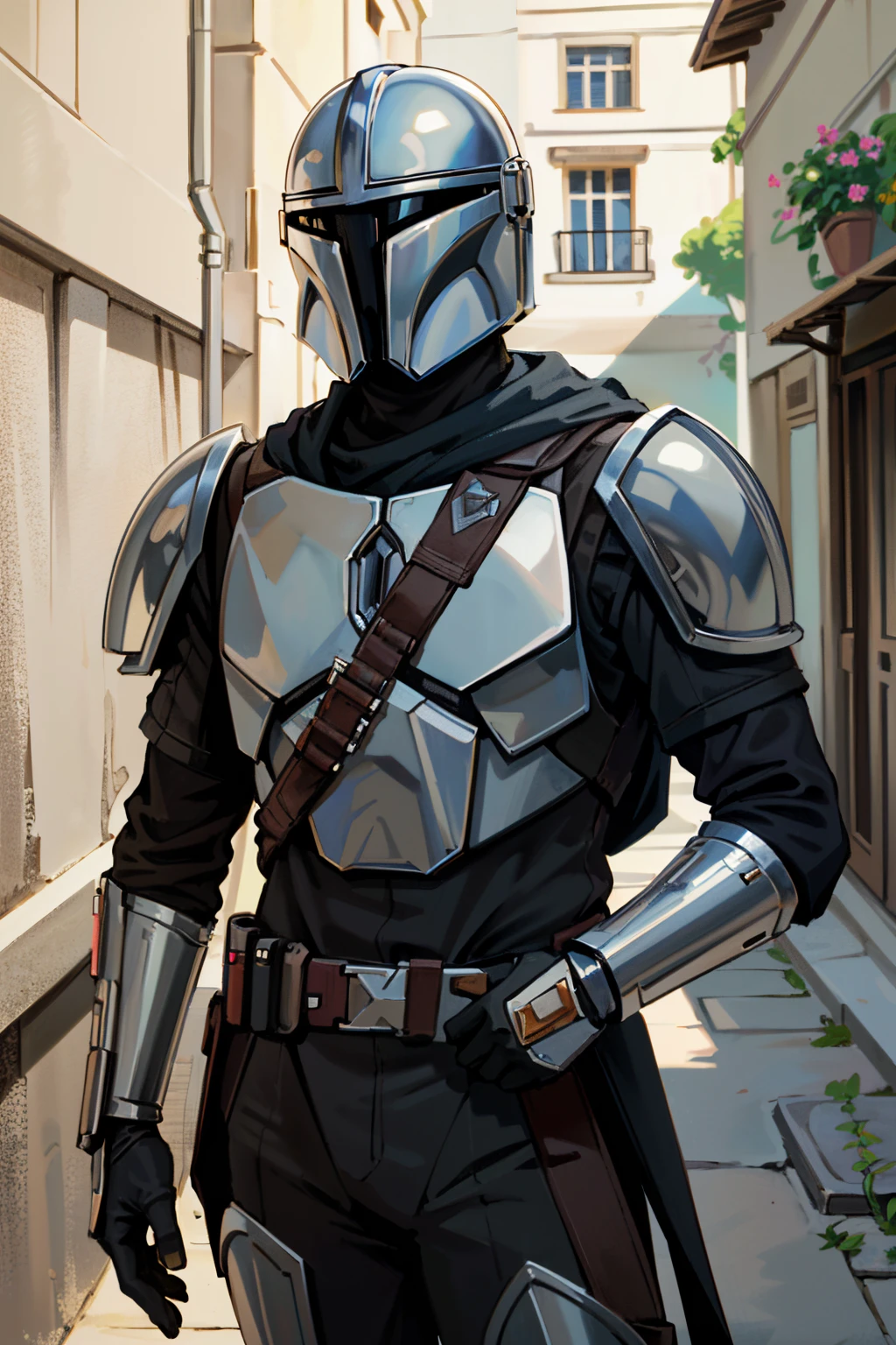 ((ultra detailed, masterpiece, absurdres))
 <lora:StarWMandalorian:0.9>
StarWMandalorian, 1boy, no face, helmet, Whitewashed Santorini Alleyways with Bougainvillea