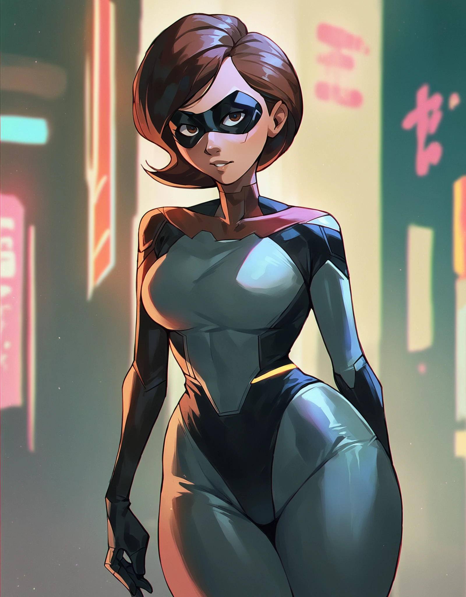 1girl, solo, helen parr, brown eyes, domino mask, looking at viewer, futuristic bodysuit, wide hips,
score_9, score_8_up, score_7_up, score_6_up, source_anime, outside, cyberpunk city, night, neon light <lora:HelenParrXL:0.4>