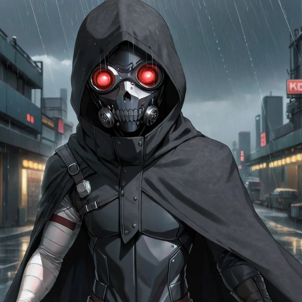 <lora:XL-char_SAO_[D34thGun]-v1-000005:0.8> (d34thgun:1.5), (side view:2), (1boy wearing a cyberpunk skull mask with glowing red eyes:1.4), (full face mask, gasmask, wrapped in bandages, cloak, gun, kevlar armor:1.3)(1boy, male focus:1.5), (masterpiece, top quality, best quality, detailed scenery background, official art, beautiful and aesthetic, extremely detailed, best quality, absurdres:1.3), (detailed natural lighting, depth of field:1.3) (hyperrealistic:1.5), vivid 16k colorful hdr, highest detailed, (running, raining:1.5)