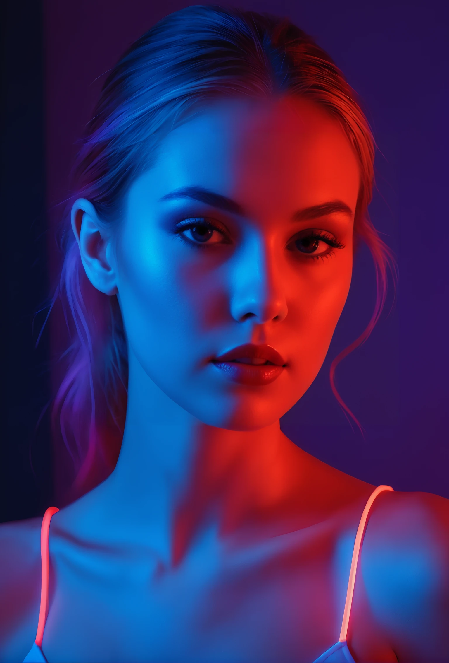 long dark blond hair, STRIKING DETAILS. red-yellow gel light, window shadows reflection from strobe light, gel light, soft glow light, A striking studio portrait of an 35-year-old slavic woman, illuminated by a dramatic mix of black and white with blue and red gel lights. A strobe light casts a soft shadow reflection in the background, enhancing the depth and mystery. Captured in a studio with a Nikon Z7 and a 50mm f/1.8 lens, the image focuses on the interplay of light and shadow with a melancholic and dreamy atmosphere., (((dynamic model pose))), full body, mesmerizing, dynamic, dramatic, dynamic pose, highly detailed skin with hair, subcutaneous veins, light and shadow play, highly detailed,24mm photograph, bokeh, professional, 4k,