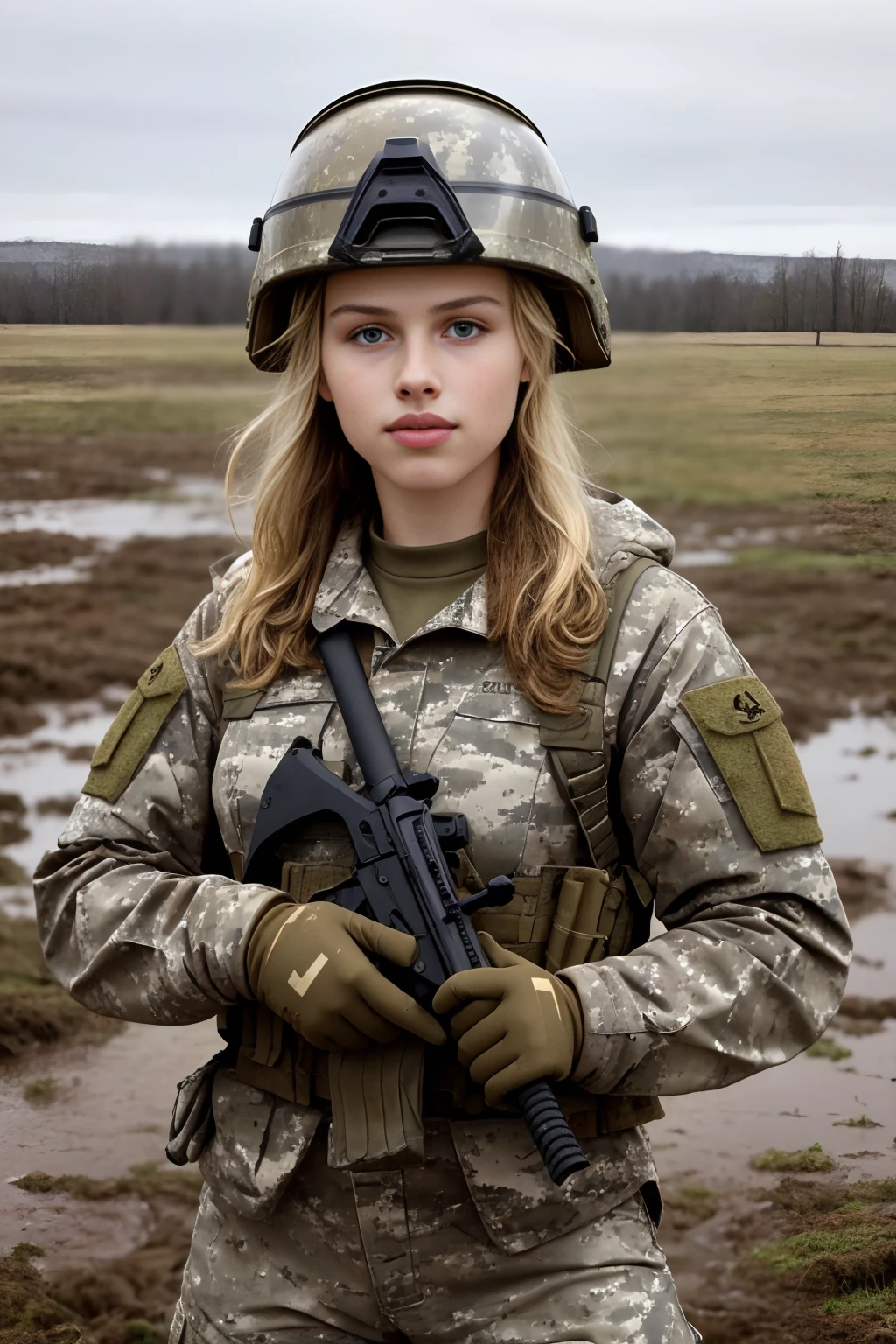 best quality, masterpiece, portrait of <lora:opt-graciedzienny:1>opt-graciedzienny, dressed in camouflage military fatigues  and helmet, muddy, on muddy battlefield