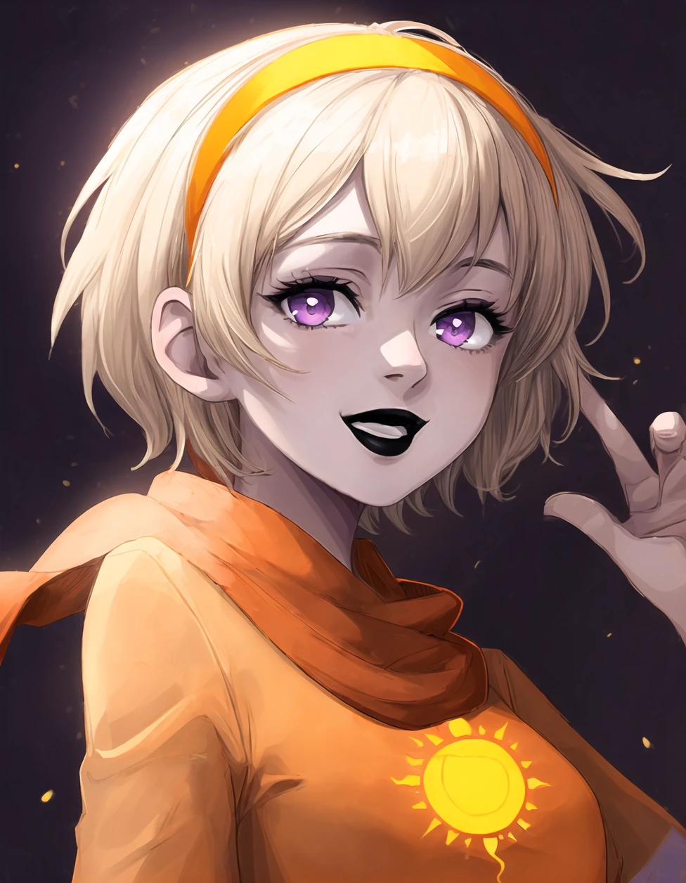 rosegdtr <lora:rosegdtr:1>, sun symbol, 1girl,solo,looking at viewer,smile,short hair,open mouth,shirt,purple eyes,blonde hair,hairband,scarf, white background, orange dress, orange shirt, <lora:more_details:0.7>, black lips, parted lips, standing, white hips