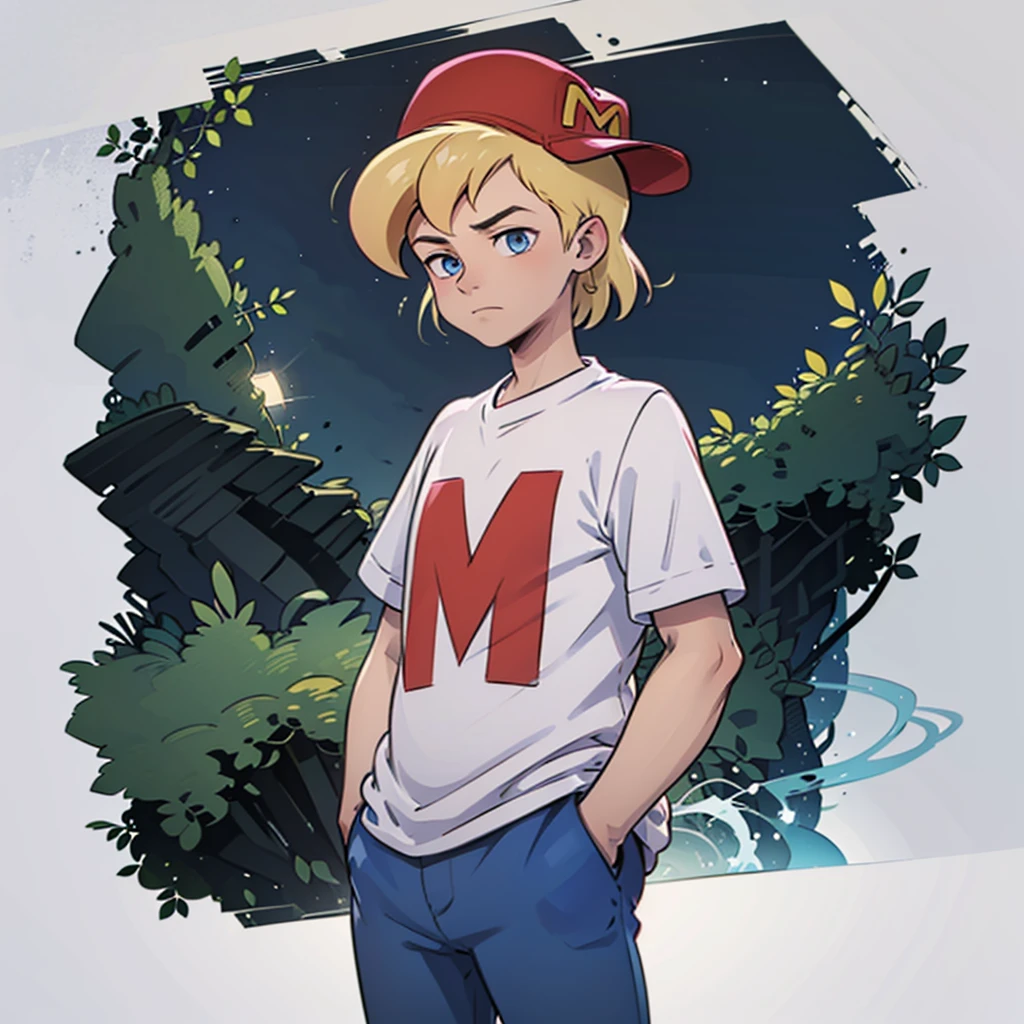 solo, 1boy, mighty max, blonde hair, red hat, white shirt, blue pants, blue eyes, short sleeves, hands in pockets, sideways hat, baseball cap, <lora:MightyMax_Leaf2:0.8>, cowboy shot, simple background, forest