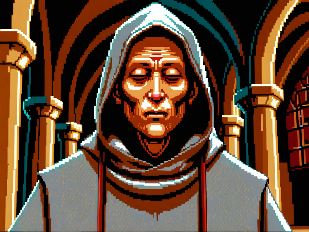 dosegagfx style,front view of a monk hoodie over head in a medieval monastery, red eyes, tears of blood <lora:SDXL_game_dosegagfx style_dosegagfxSDXL:1>
