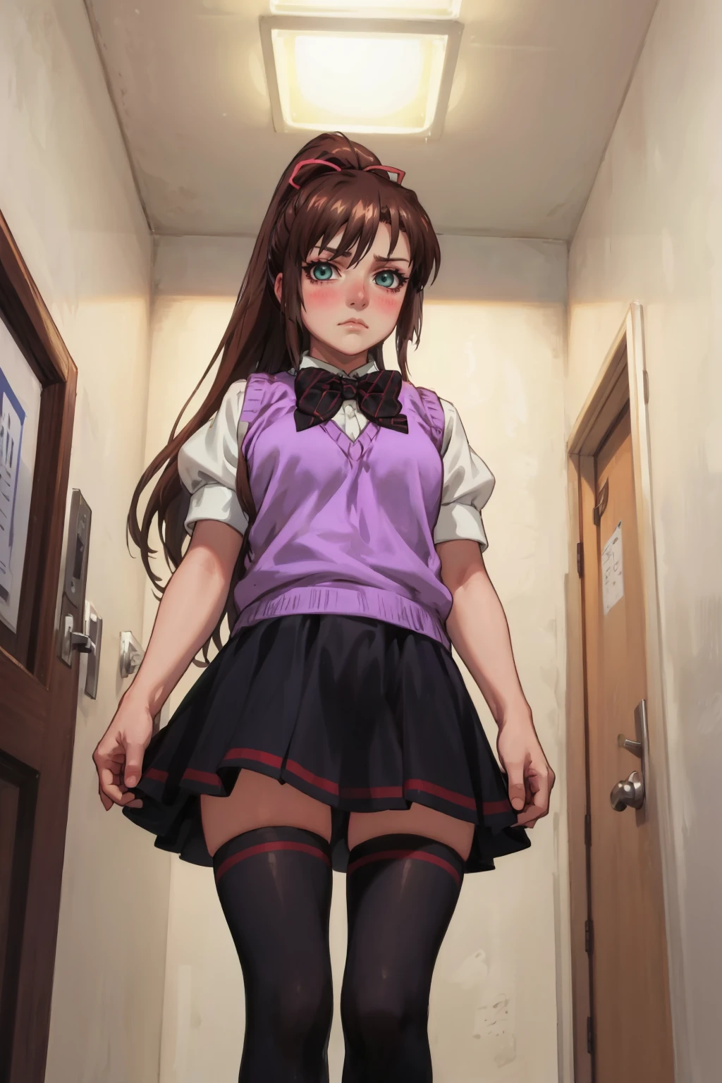 masterpiece, best quality, <lora:kirasakasayaka-nvwls-v1-000009:0.9> kirasaka sayaka, ponytail, hair ribbon, bowtie, white shirt, purple sweater vest, short sleeves, pleated skirt, black thighhighs, frown, blush, wide eyes, looking at viewer, from below, hallway
