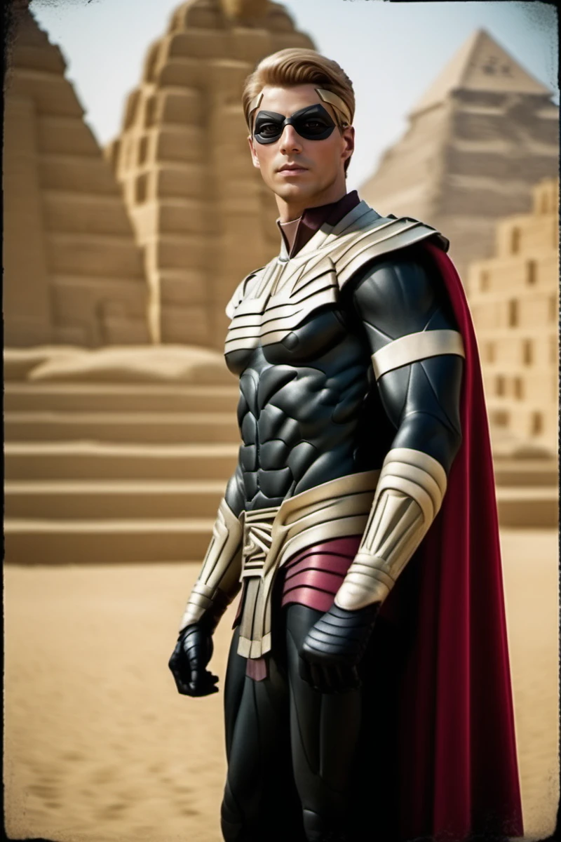 cinematic photo  a man, ((full body)),  with a mask in a superhero suit and cape,  in a 80s egypt pyramids background<lora:Ozymandias1024-000450:0.8> . 35mm photograph, film, bokeh, professional, 4k, highly detailed