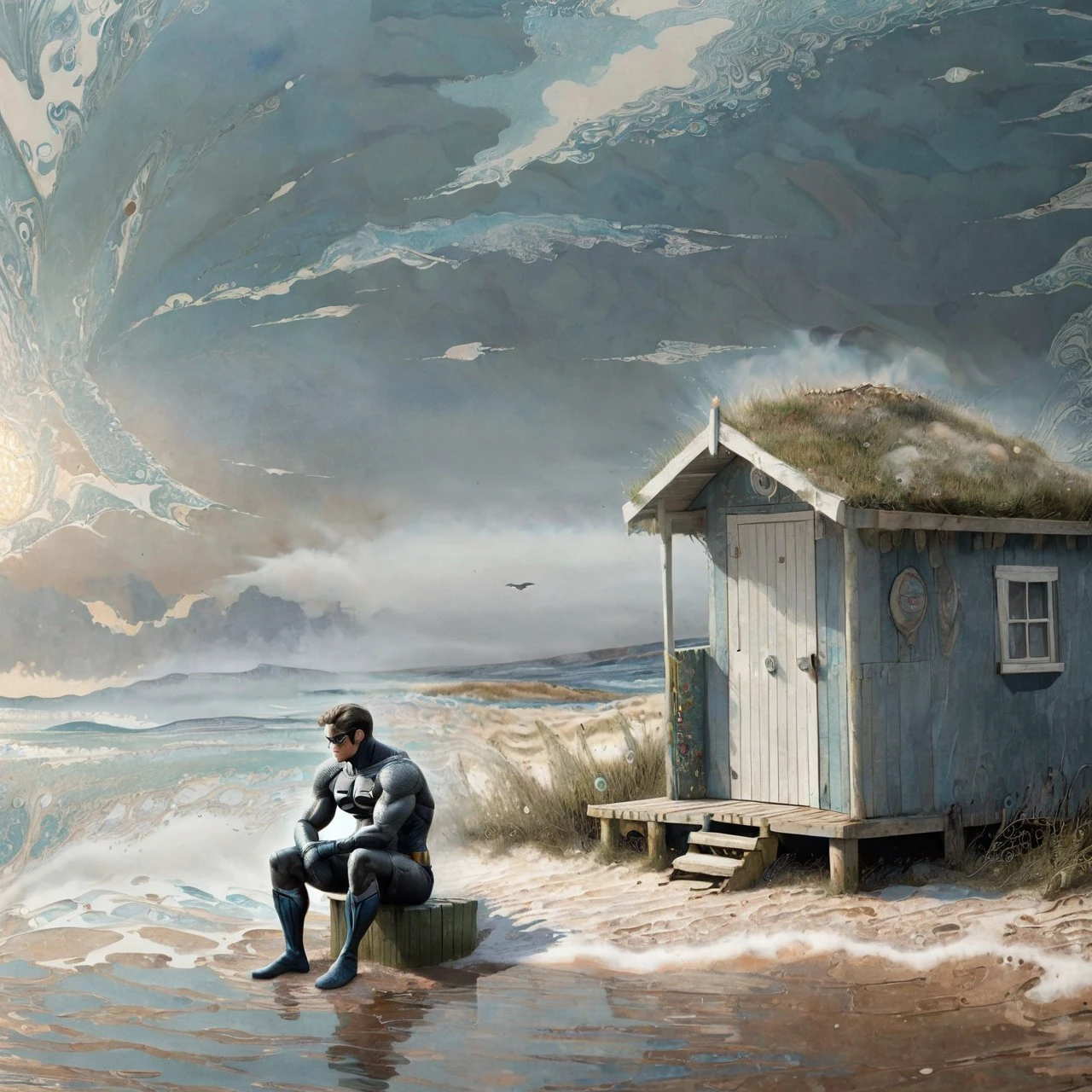 (xlomrblng:0.8) Social Realism, magnificent male superhero sitting outside a beach hut in boggy moorland, misty, watery sun, (white-tinted:0.5), very detailed, intricate, (misty:1.21) <lora:xlomrblng:1>