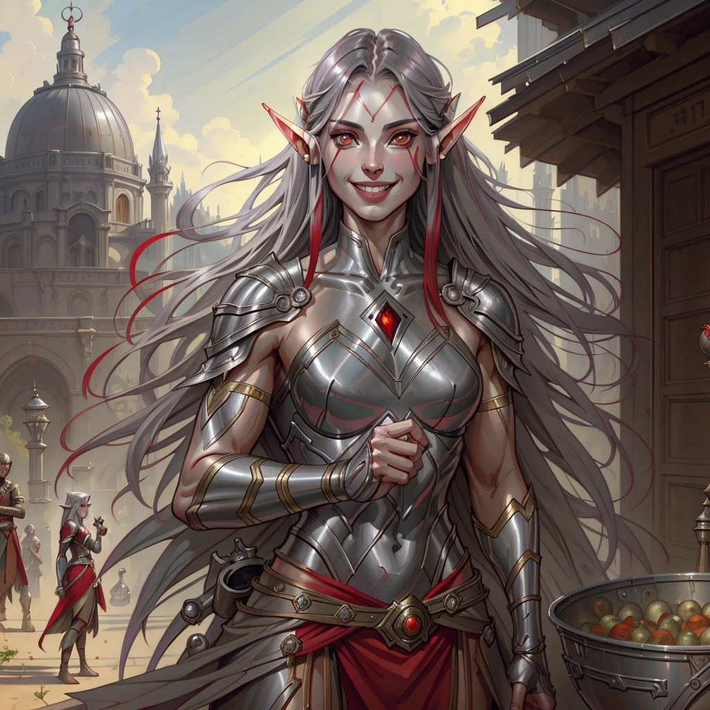 <lora:Fantasy_Races:1> (elf), Teenage girl grey red shiny eye markets, decaying face, slender but muscular body, smile, teasing smile, holding a round bell, dark fantasy, elegant, highly detailed, realistic, sharp focus, artstation, digital painting, by artgerm and greg rutkowski and alphonse mucha