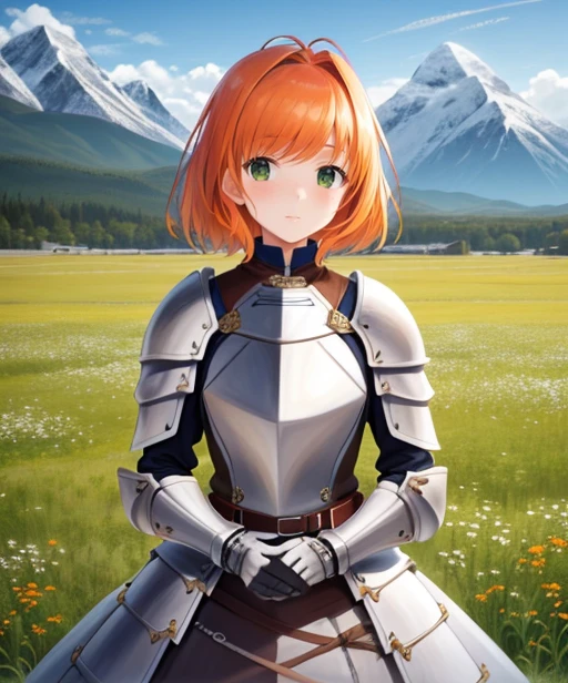 portrait, (adult woman), (1girl, solo), (looking at viewer), ((knight, armor, skirt)), freckles, (orange hair, medium hair), (green eyes), ((field, mountains)), (best quality, high detail), ((masterpiece)), <lora:1_kimishimaao_10 e:1>