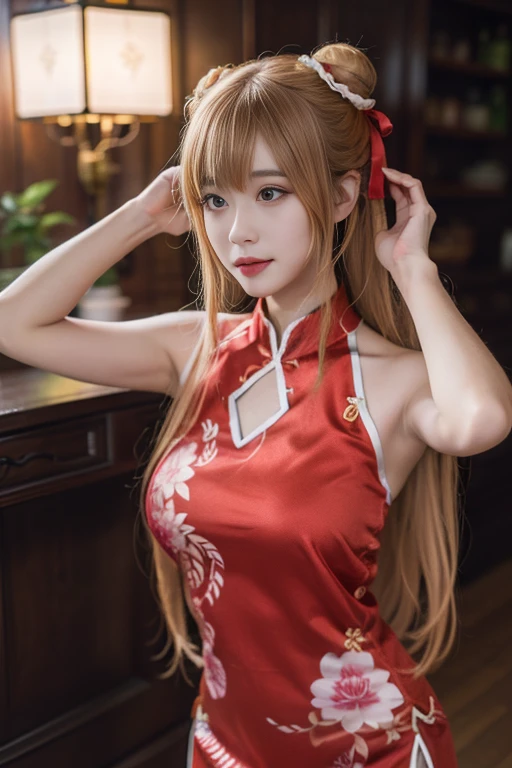 ltra-detailed,highly detailed,best quality,masterpiece,illustration,realistic,photorealistic,
yuuki asuna,
1girl, solo,
qipao, china dress, chinese clothes, sleeveless, bare shoulders, red dress,
long hair, blonde hair, very long hair, double bun, hair bun, bun cover, ribbon, bangs, hair ribbon, hair ornament,
cowboy shot, hand in own hair, standing, looking at viewer, adjusting hair,
indoors,
<lora:yuuki asuna qipao_v2_05:0.6>