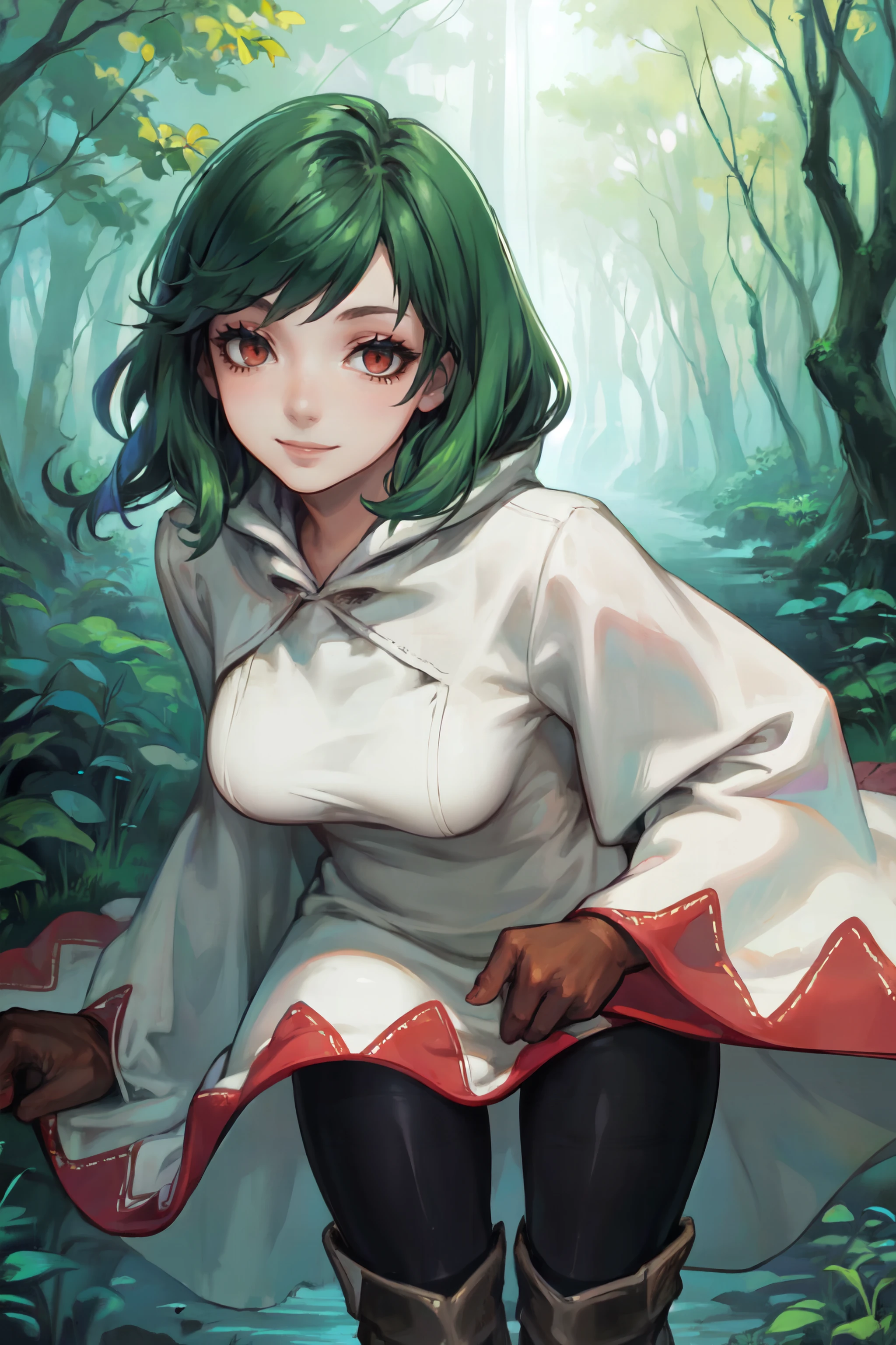 (masterpiece, best quality, ultra detailed, beautiful illustration), atmospheric perspective, depth of field, looking at viewer, beautiful detailed eyes, anime eyes:1.4, (portrait, close-up:1.2), dynamic pose, dynamic angle, (outdoors, forest), 1girl, smile, (large breasts), WhiteMageFFT, very short hair, masculine hairstyle, green hair, red eyes, white mage, robe, (long robe, knee-length robe), gloves, pantyhose, boots, (hand on own hair), <lora:FinalFantasy_FemaleWhiteMage:1>