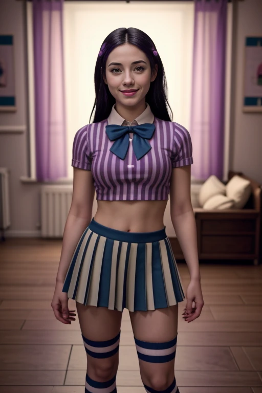((Masterpiece, best quality, cinematic lighting, 8k, full body shot, long hair)), (smile:0.85), (realistic background)
<lora:Striped_Top_Skirt_By_Stable_Yogi:1.2> purple striped shirt, striped pleated miniskirt, bowtie, striped socks, shoes