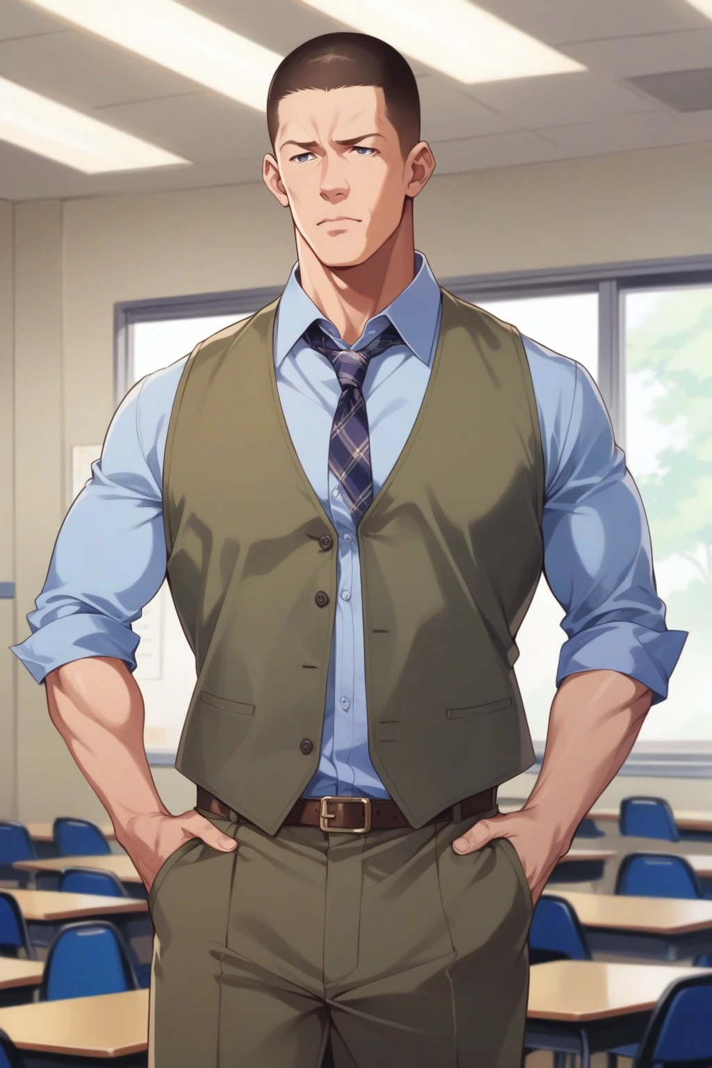 masterpiece,best quality, John Cena,1boy, standing, teacher outfit, front of classroom,solo,short_hair,(upperbody), animescreencap