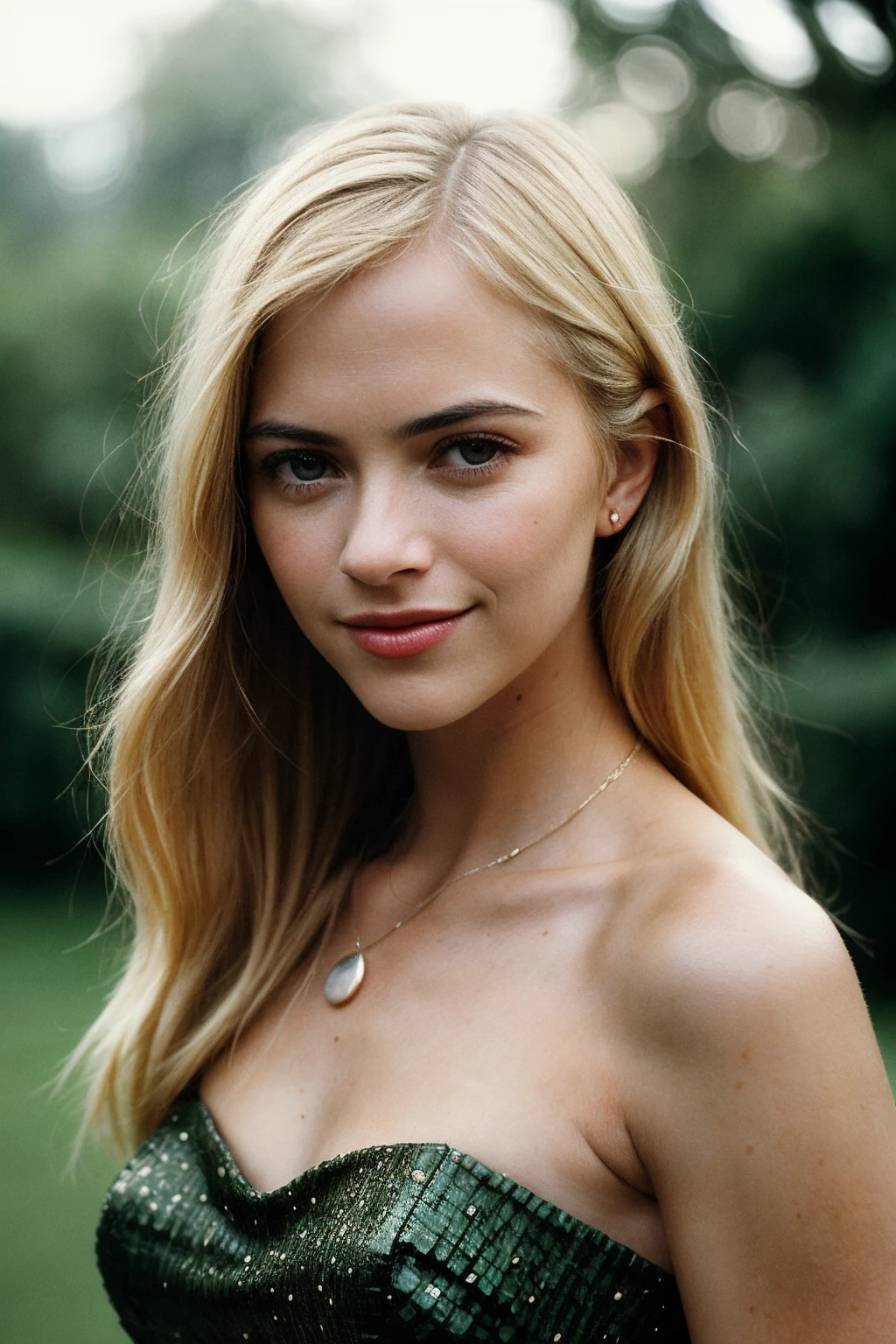 photo of fit (emw1ckersham-130:0.99), a beautiful woman, perfect blonde hair, (smiling), (modern photo), (Moss strapless dress), closeup portrait, 85mm, (analog, cinematic, film grain:1.3), (A bustling, 1960s Motown recording studio:1.1), detailed eyes, seductive pose, (epicPhoto), (looking at viewer:1.1), jewelry, (cinematic shot:1.3)