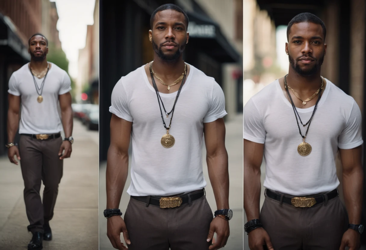 cinematic film still multiple views, a black man, pants, street urban, necklace, jewelry, big watch, t-shirt, standing,
<lora:MultipleViewsXL:0.75>, , <lora:FILM_PHOTOGRAPHY_STYLE:0.25> . shallow depth of field, vignette, highly detailed, high budget, bokeh, cinemascope, moody, epic, gorgeous, film grain, grainy