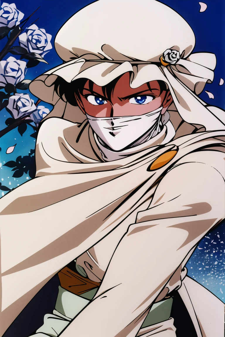 masterpiece,best quality,highres,<lora:Moonlight Knight:0.6>,Moonlight Knight,1990s \(style\),1boy,solo,retro artstyle,looking at viewer,turban,blue eyes,white rose,falling petals,white petals,mouth mask,cowboy shot,park,