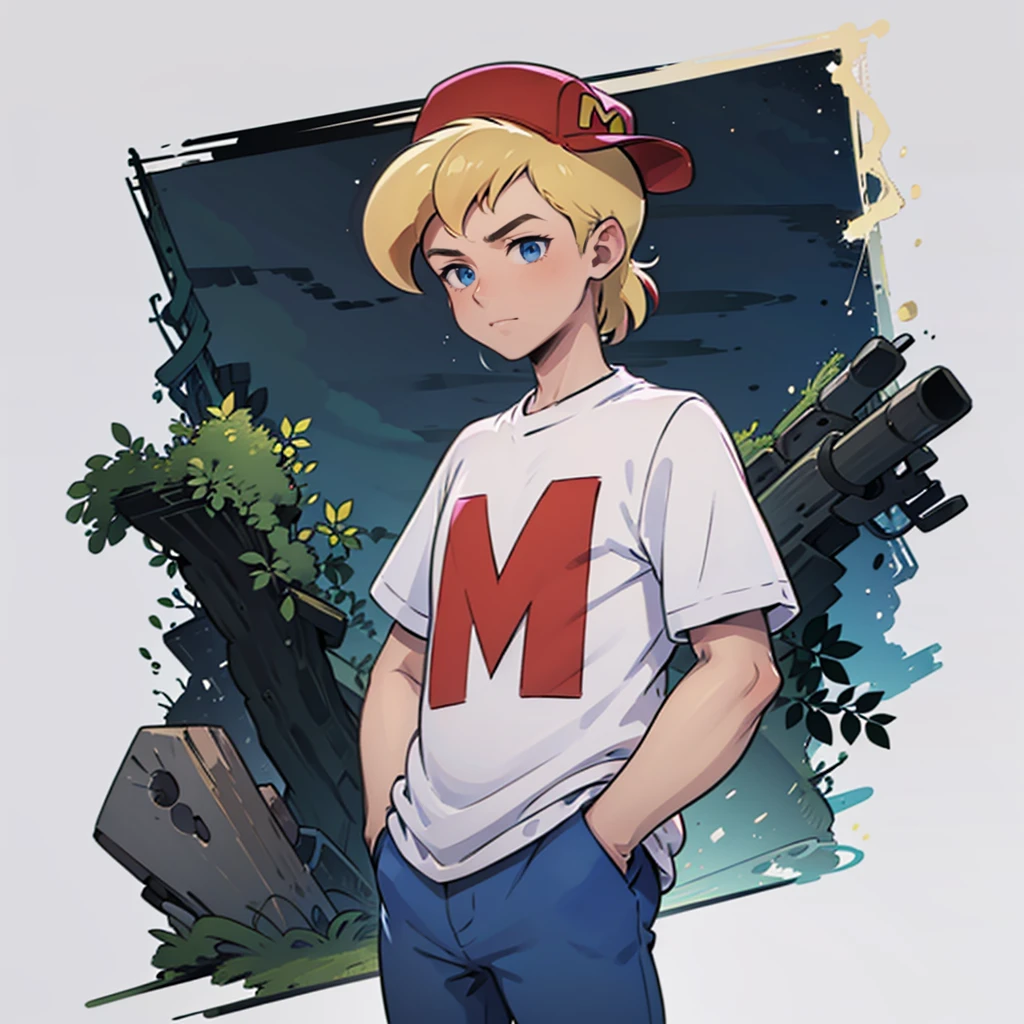 solo, 1boy, mighty max, blonde hair, red hat, white shirt, blue pants, blue eyes, short sleeves, hands in pockets, sideways hat, baseball cap, <lora:MightyMax_Leaf2:0.8>, cowboy shot, simple background, forest