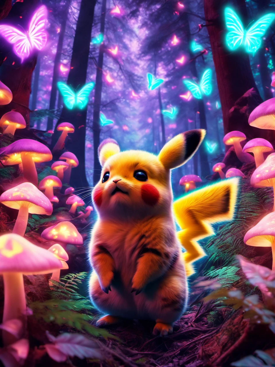 pet portrait of 1 chubby pikachu in a glowing forest with glowing mushrooms and glowing butterflies, hd, pet photography, distant portrait  <lora:glowing_forest_pet_portrait-000004:1>