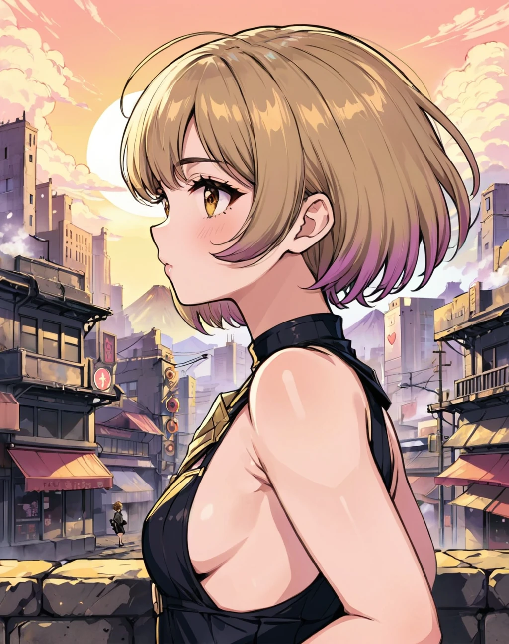 HD, 8K, Illustration, official artwork, anime style, wallpaper, official art, pastel colors,, 1girl, Pixie cut, small boobs, flat chest, Chubby body, brown eyes, Balayage hair, Profile pose, at The City of Brass, A bustling metropolis located in the heart of a volcanic wasteland