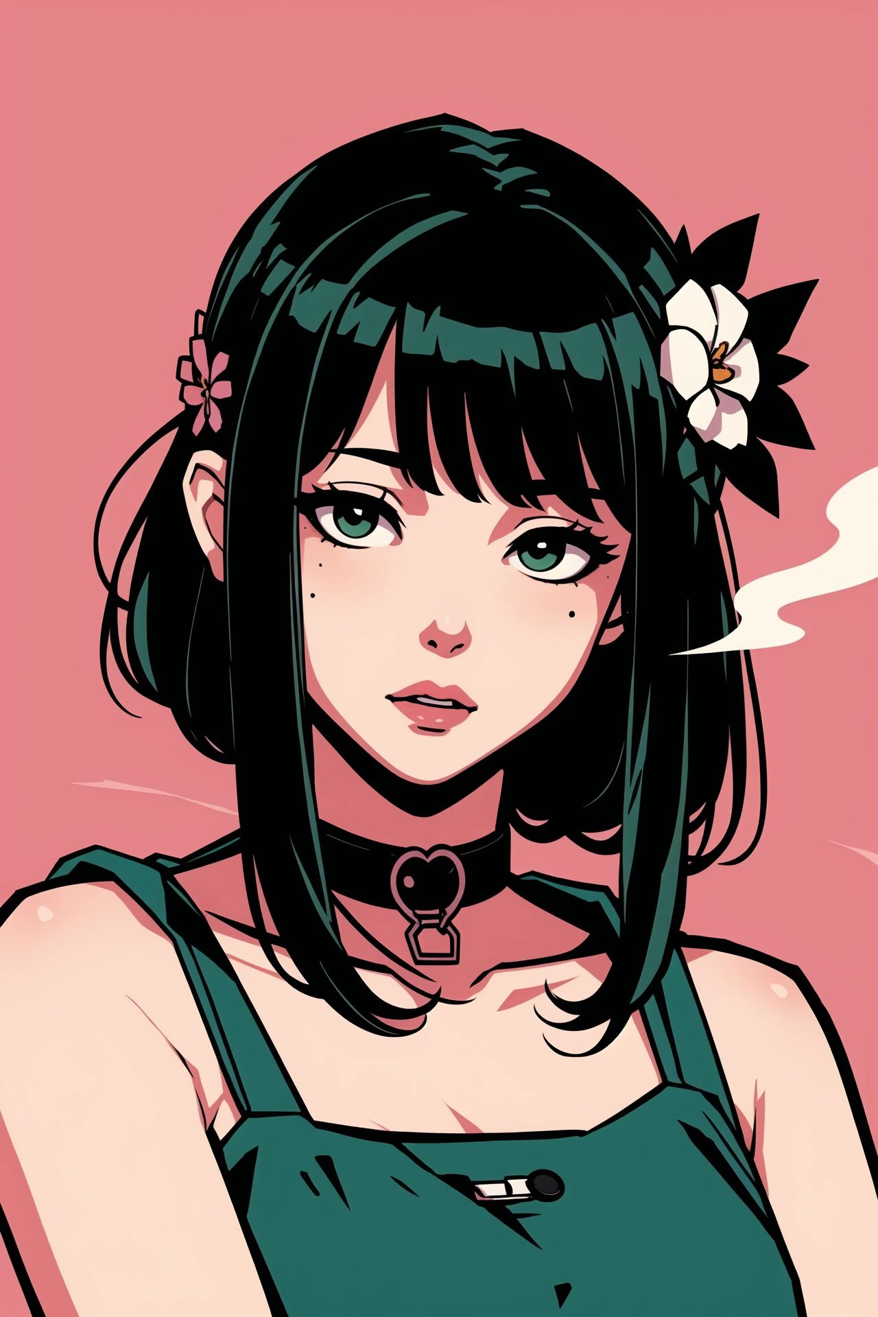 <lora:bee:0.8>,hotify,inzaniak,sidelocks,upper body,frischenq,sketch,black hair,parted lips,hair flower,smoke,hair ornament,yotsuyu goe brutus,collar,mole under mouth,green eyes,from below,smoking pipe,hyur,pink background