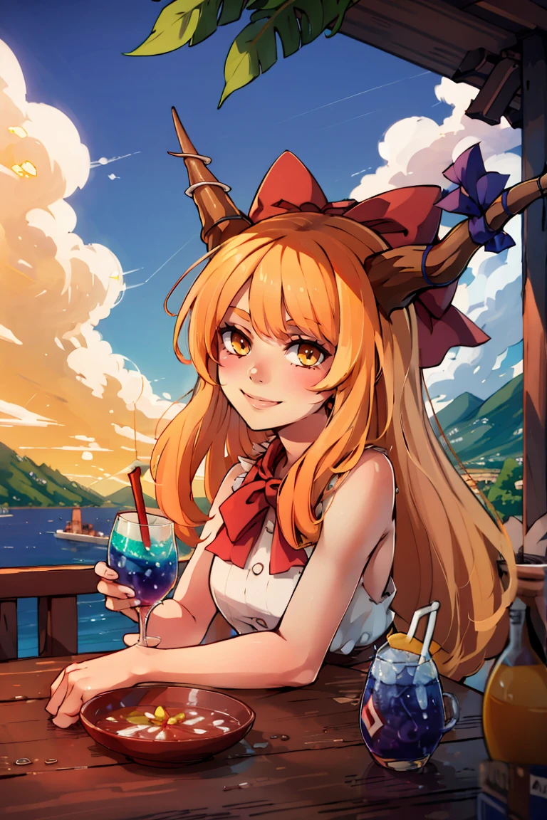 sitting at table, vivid detailed tropical drink, two straws, white sundress, sun hat, flowing winds, sunny, outdoors, upper body, ((masterpiece,best quality)), absurdres, <lora:Ibuki_Suika_Touhou:0.8>, Ibuki_Suika_Touhou, horns, ibuki suika, 1girl, long hair, solo, bow, hair bow, horn ornament, ribbon, horn ribbon, orange hair, red bow, solo, smiling, looking at viewer, cowboy shot,