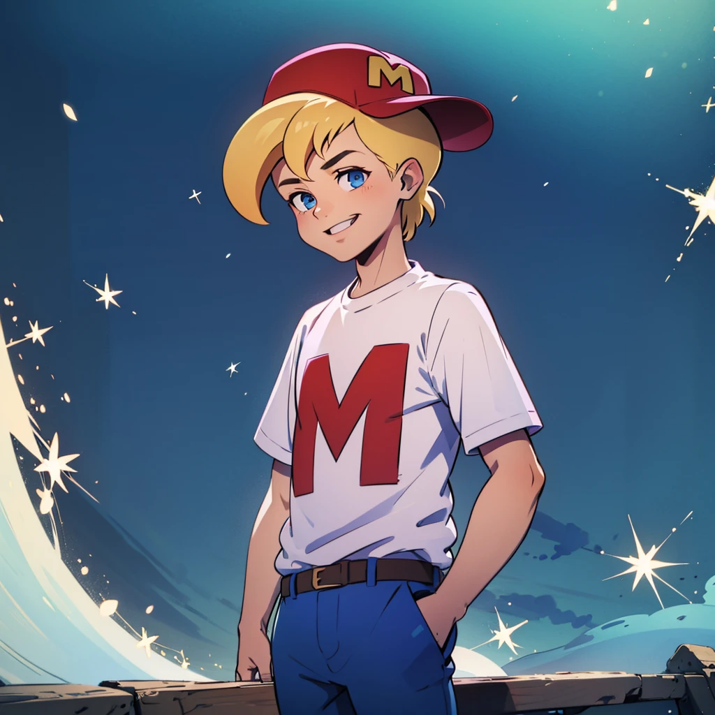 solo, 1boy, mighty max, blonde hair, red hat, white shirt, blue pants, blue eyes, short sleeves, sideways hat, <lora:MightyMax_Leaf2-v2:0.8>, blue sky, wind, light particles, light smile, cowboy shot,