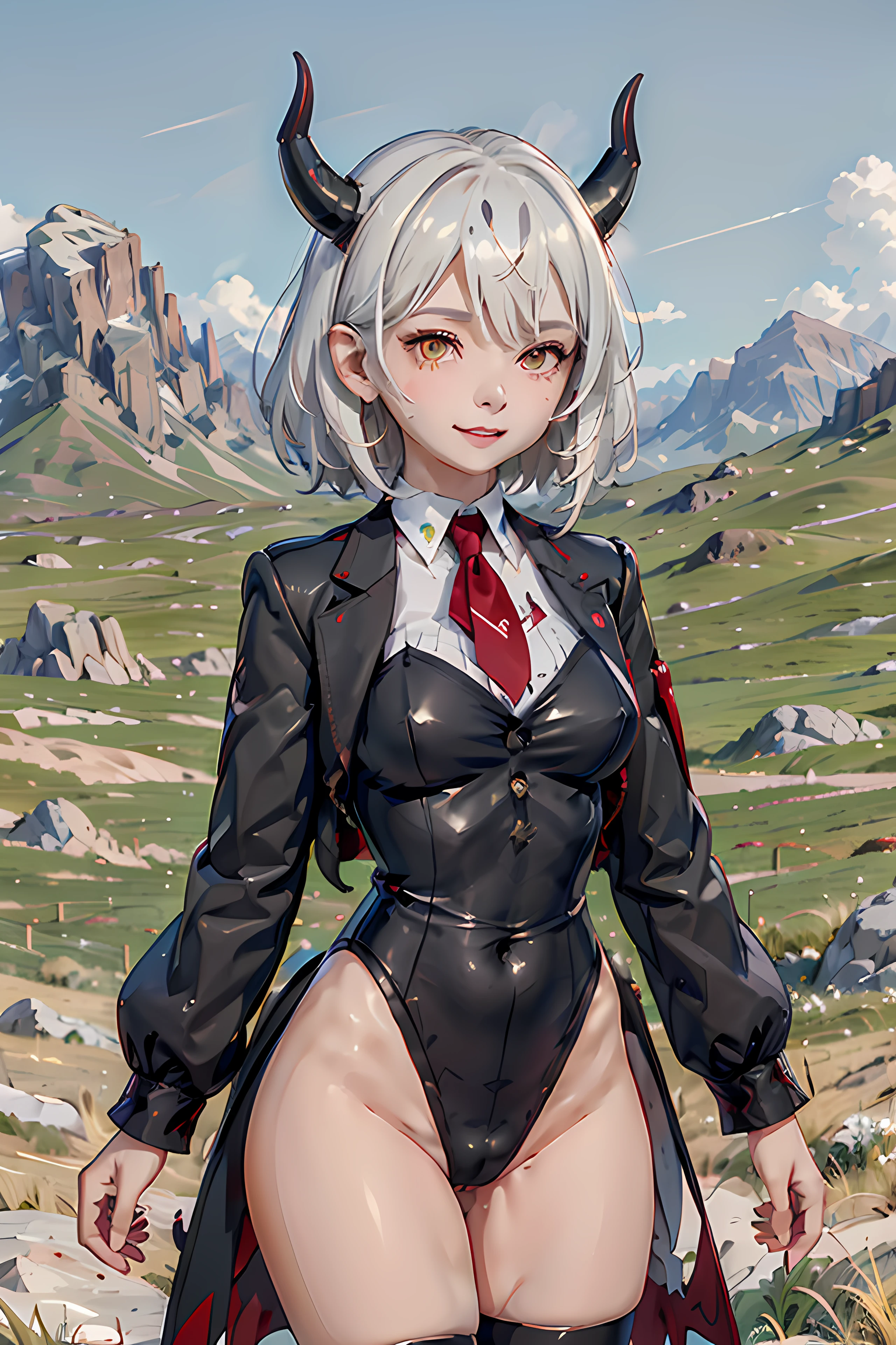 masterpiece,(ultra detailed),reginadef, ( plains),mountain landscape, smile, upper body, mini hat, thighs,
black leotard, black jacket, white shirt, red horns