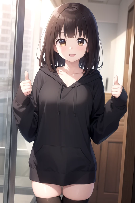 ((masterpiece)),(best quality),official art,extremely detailed CG,unity 8k wallpaper,ultra detailed,beautiful detailed eyes,extremely detailed face,office,1girl,solo,cowboy shot,looking at viewer,facing viewer,smile,nanase kurumi (menhera-chan),medium hair,brown hair,sidelocks,blunt bangs,brown eyes,collarbone,hood down,black hoodie,sleeves past wrists,medium breasts,thumbs up,no pants,black thighhighs,loafers,<lora:Nanase Kurumi(menhera-chan)>,