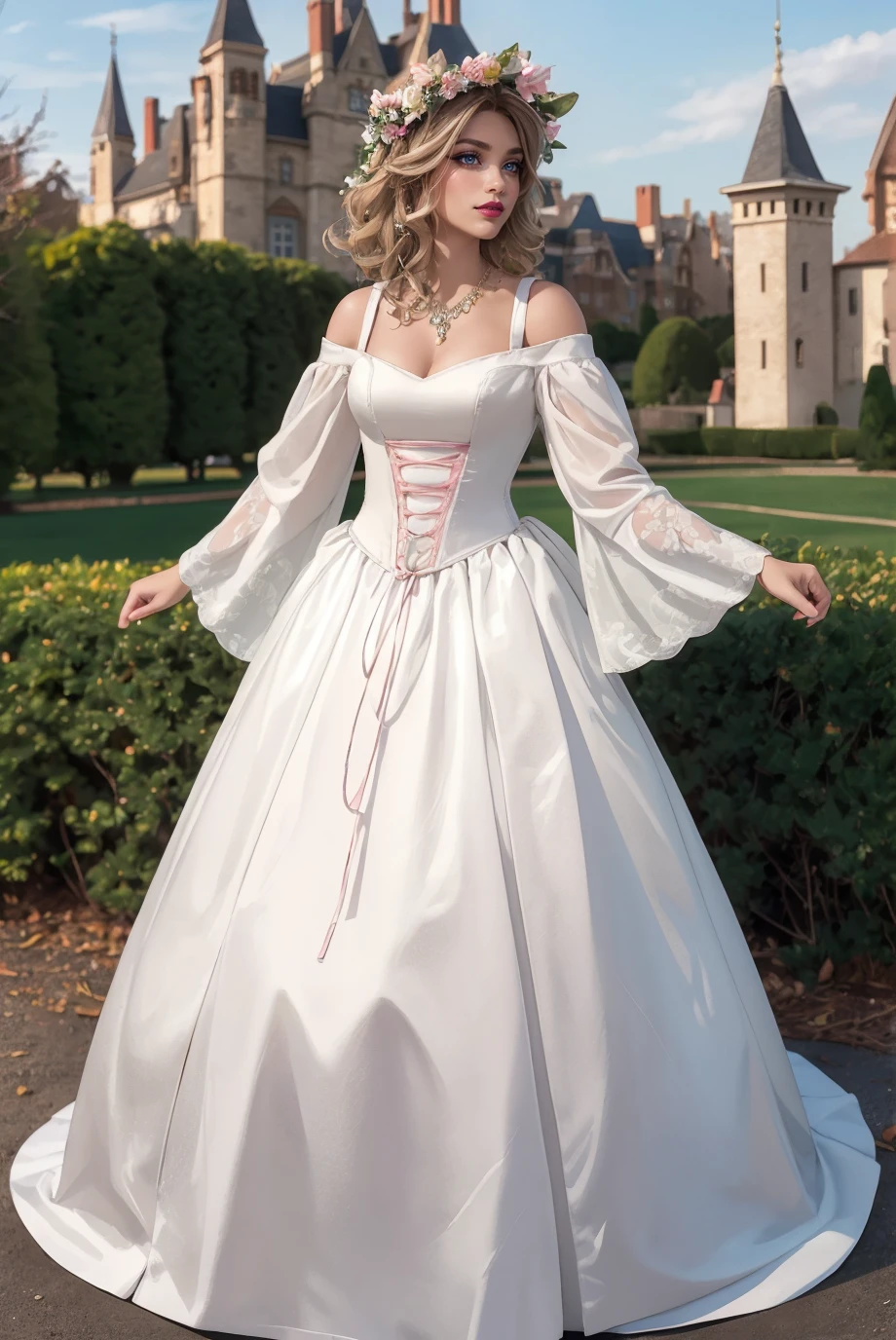 woman, Adult, looking at viewer, (full body photo:1.3), (brown Textured Crop with Taper Fade:1.1), b34uty_g0wn_1, brocade long white gown, pink corset lace, puffy underskirt, cutout shoulders, gems, necklace, floral headpiece, <lora:b34uty_g0wn_2:0.6>, best quality, high detail, high quality, high res, 4k,eyeliner, pouty lips, detailed skin texture, (blush:0.5), castle background, ((very tiny waist)), smiling