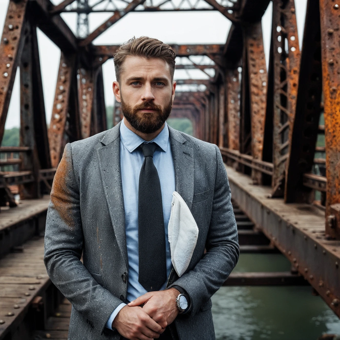RAW photo, full body portrait of a beautiful man with a beard in a grey suite, he stands on an old rust bridge, full sharp, detailed face, blue eyes, (high detailed skin:1.2), 8k uhd, dslr, soft lighting, high quality, film grain, Fujifilm XT3
dappled light on face, pale skin, skin pores, oiled shiny skin, skin blemish, imperfect skin, intricate skin details, visible skin detail, detailed skin texture, blush, wrinkles, vitiligo spots, moles, whiteheads, blackhead, white pimples, red pimples, beauty spot, skin fuzz, [[[[[freckles]]]]] (perfect eyes), ((perfect hands with four fingers and one thumb each)) <lora:polyhedron_corrosion-000007:0.5>