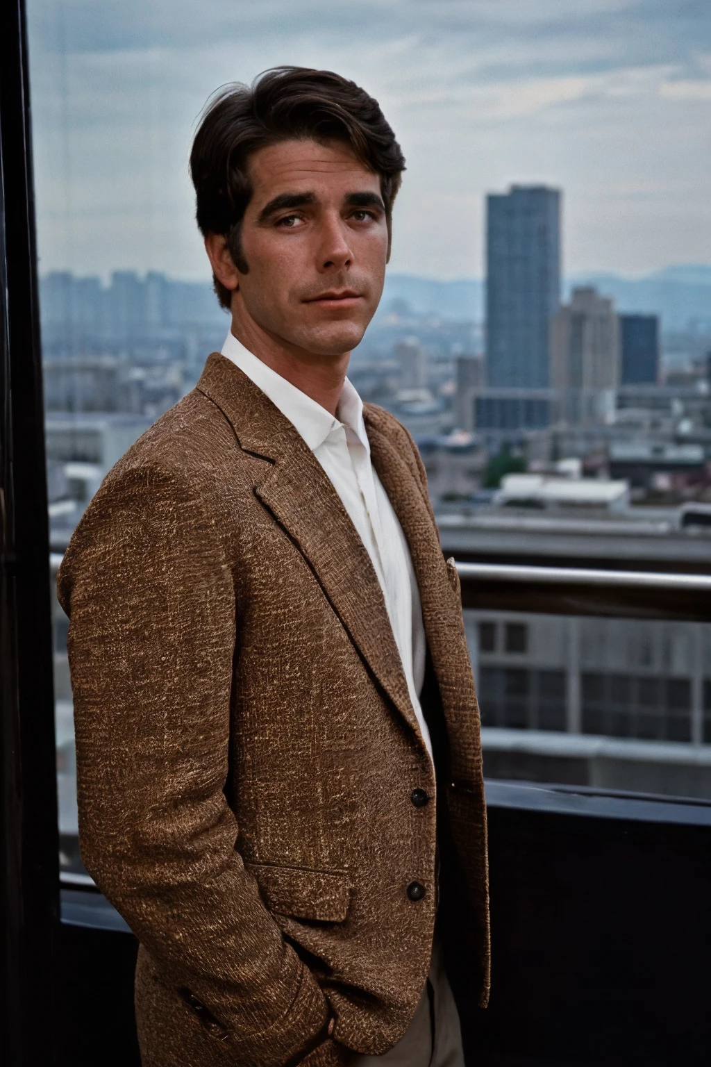 analog film photo solo, tstyle, realistic, ((vintage photo)), (((man:1.5), (male:1.5), person, 1boy, caucasian man)), (((sulking):1.2)), (((brown suit:1.3))), ((cyberpunk rooftop garden with panoramic city views)), ((dynamic poses)), high detailed, (cinematic shot:1.3), PA7_Human-Likeness, (PA7_Photo-BW:1.2), 8k, clear facial features, pastel themed colorgrade, in style of Paolo Roversi, <lora:PAseer-SD15-LCM Quick:1> <lora:picxer_real:.5> <lora:ReaLora:.2> skin <lora:TStyle_-_Photography_Style:.4>  <lora:[US]_-_Sam_Elliott:1> samelliott . faded film, desaturated, 35mm photo, grainy, vignette, vintage, Kodachrome, Lomography, stained, highly detailed, found footage
