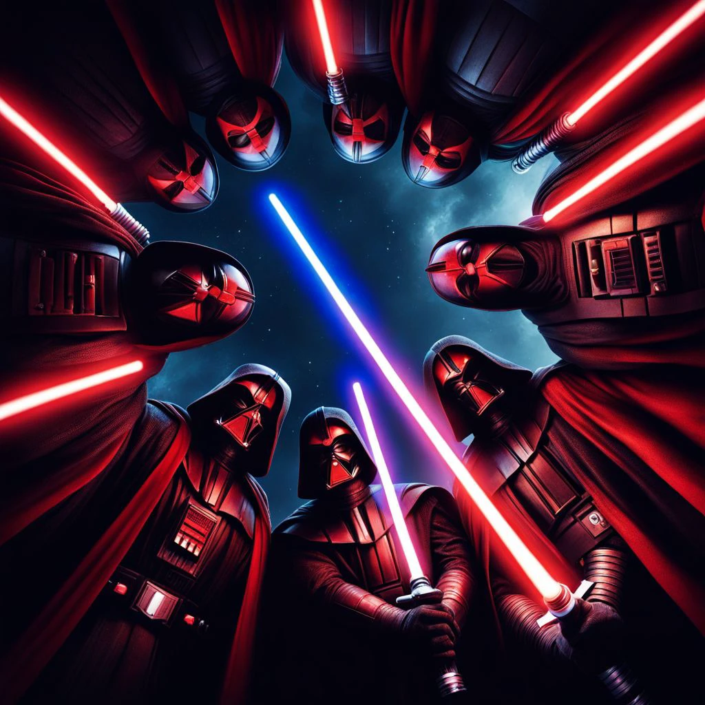 Below Huddled Sith lords with light sabers on a dark night <lora:SDXL_Below-Huddled_LoRA:1>