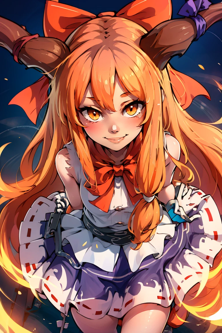 ((masterpiece,best quality)), absurdres, <lora:Ibuki_Suika_Touhou:0.8>, Ibuki_Suika_Touhou,  horns, ibuki suika, 1girl, long hair, solo, bow, hair bow, horn ornament, ribbon, horn ribbon, orange hair, shirt, sleeveless, red bow, sleeveless shirt,  solo, smiling, looking at viewer, from above, cowboy shot,