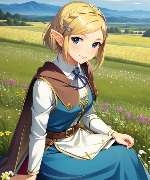 portrait, (adult woman), sitting, picking flowers, (1girl, solo), smile, (blonde hair), ((field, rolling hills)), (distant mountains), ((best quality, high detail)), ((masterpiece)), <lora:zelda_shorthair_v5:0.35> zelda\(princess\), hairclip, cape, <lora:1_kimishimaao_10 e:1>