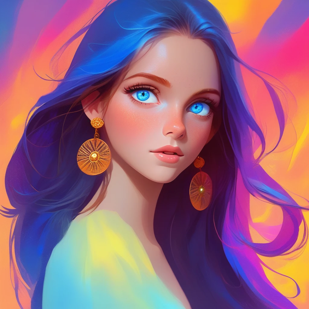 concept art Game Character Girl,1girl,solo,long hair,looking at viewer,blue eyes,earrings,lips,makeup,freckles,multicolored eyes,Character design,<lora:art girl_XL_v1.0-000009:1>, . digital artwork, illustrative, painterly, matte painting, highly detailed